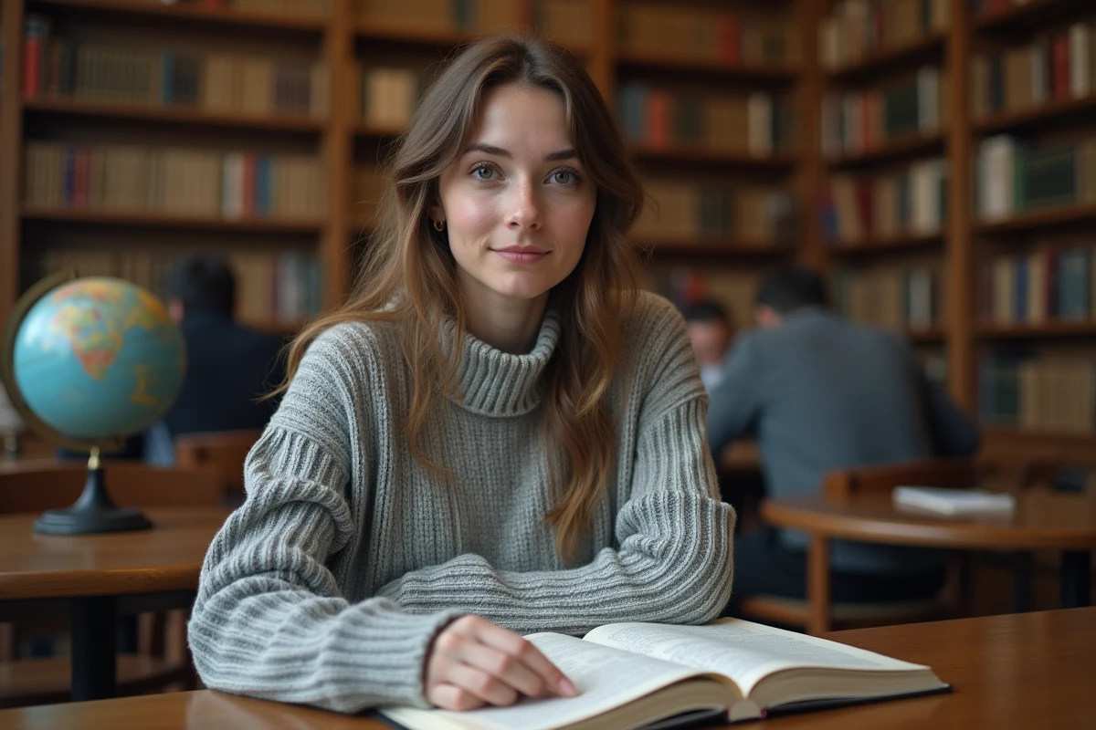 Jeune femme lisant un manuel de sociologie en bibliothèque, illustrant l'apprentissage du fait social pour débutants
