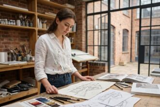 Étudiante en prépa art et design travaillant sur des esquisses architecturales dans un atelier créatif avec matériaux artistiques