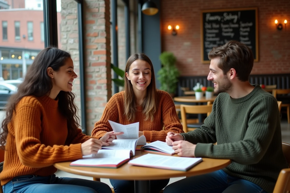 Groupe d'étudiants discutant de la définition paradigmatique autour d'une table dans un café universitaire avec des notes et un ordinateur portable