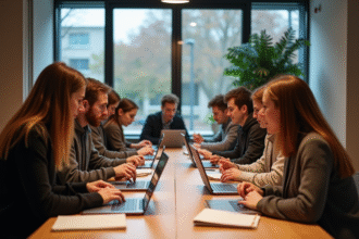 Groupe d'étudiants en informatique travaillant sur Moodle