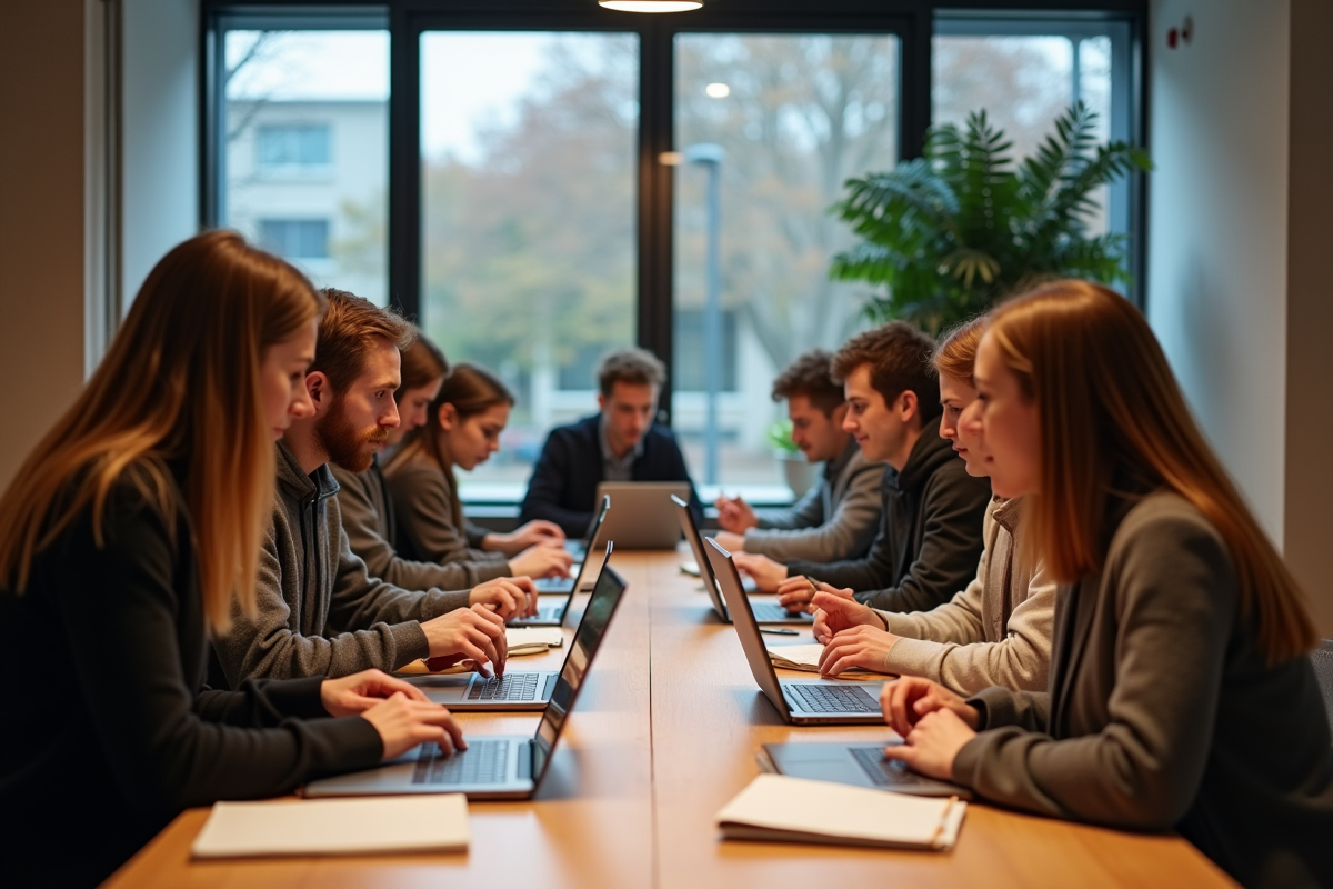 Groupe d'étudiants en informatique travaillant sur Moodle