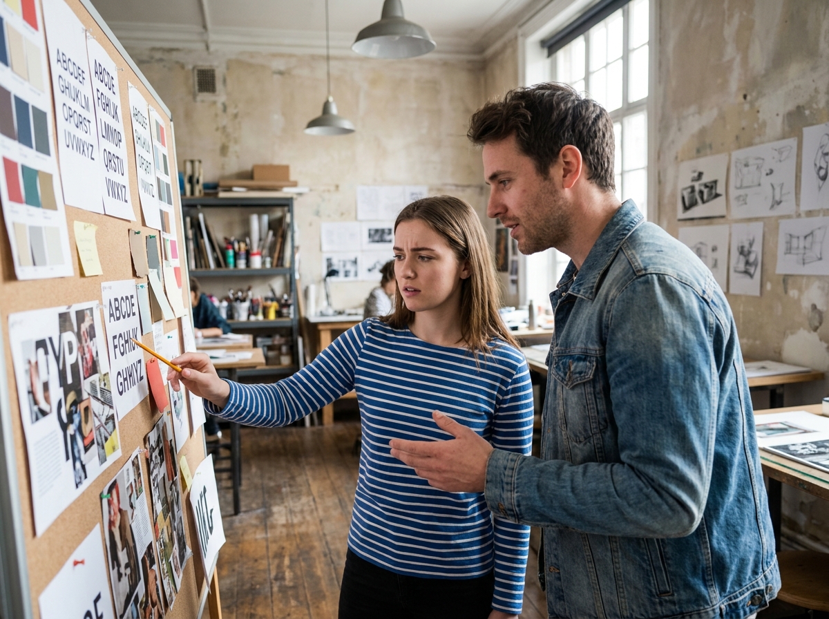 Deux étudiants en prépa art et design discutant de moodboards et travaux typographiques affichés dans une salle de cours créative