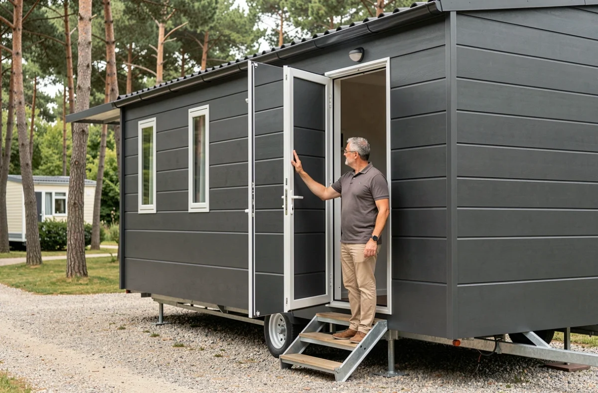 Extérieur d'un mobil-home moderne avec bardage composite anthracite et finitions aluminium soignées dans un camping européen verdoyant