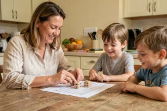 Mère et deux enfants jouant au 421 autour d'une table de cuisine en bois avec des dés et une feuille de score