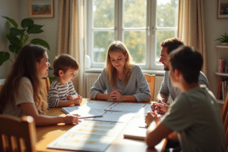Famille réunie autour d'une grande table en journée lumineuse