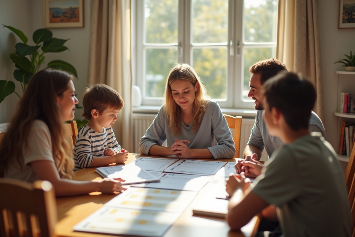 Famille réunie autour d'une grande table en journée lumineuse