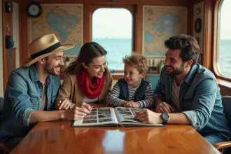 Quatre personnes autour d'une table en bois avec décor maritime