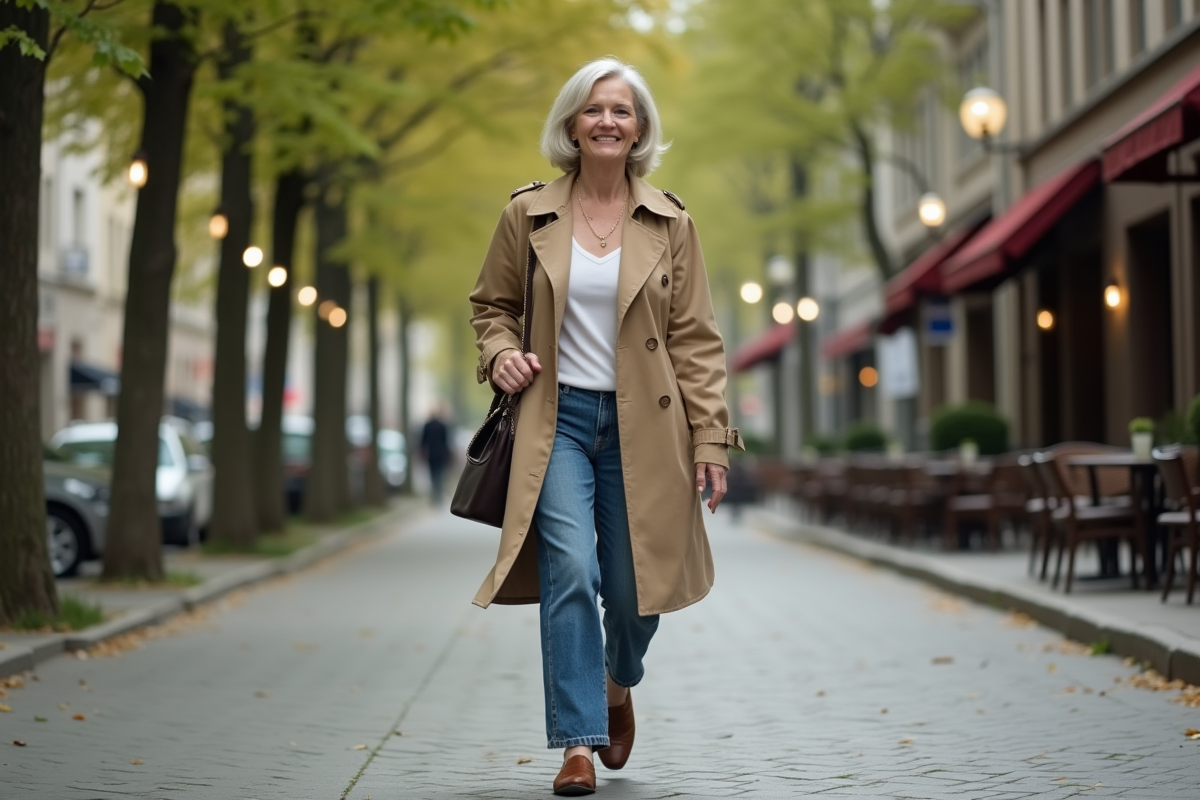 Femme active de 60 ans marchant dans une rue arborée