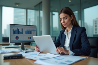 Femme d'affaires concentrée sur son ordinateur dans un bureau moderne