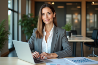 Femme d affaires en bureau avec documents et graphique