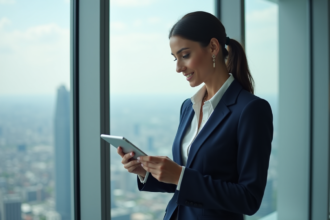 Femme daffaires en costume regardant des graphiques financiers