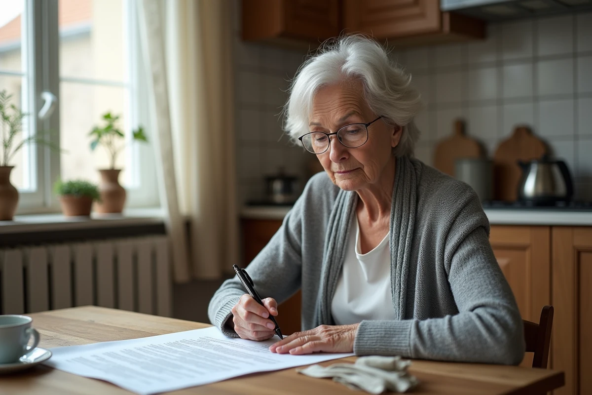 Femme âgée lisant des documents notariaux liés à une succession ou un mariage à son domicile