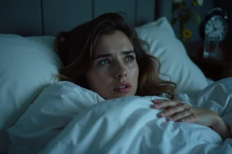 Femme aux yeux mi-ouverts agitée dans son lit, illustrant un rêve perturbant répété lié à une menace perçue