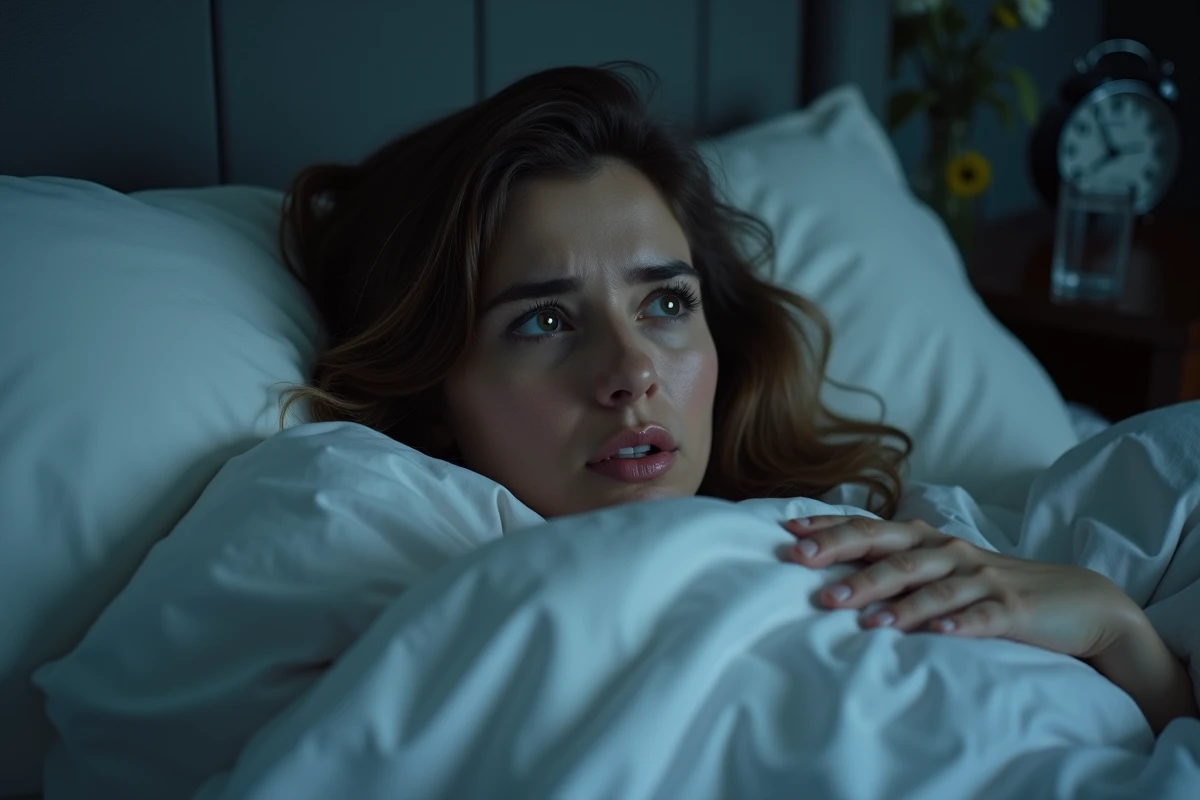 Femme aux yeux mi-ouverts agitée dans son lit, illustrant un rêve perturbant répété lié à une menace perçue