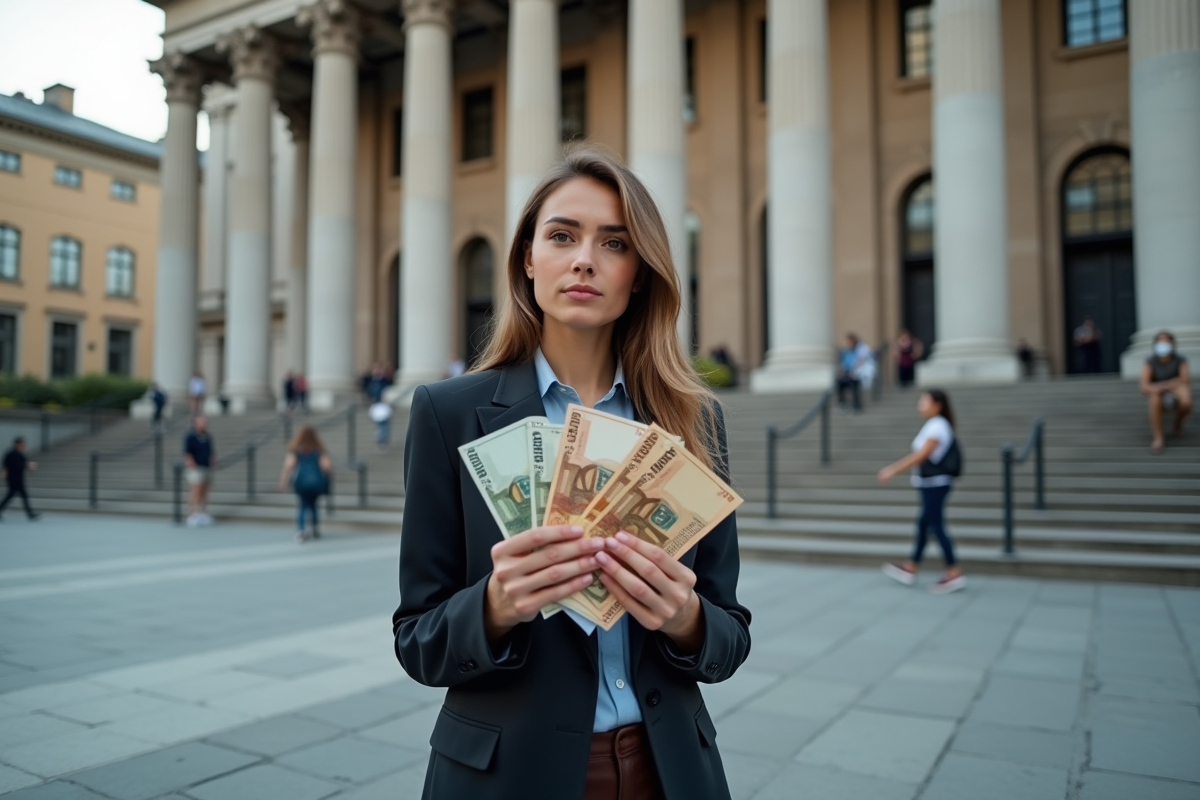 Jeune femme avec des billets devant une banque ancienne