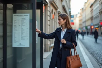 Femme consultant l'horaire de bus TCL à un arrêt de bus à Lyon pendant les heures de pointe du matin