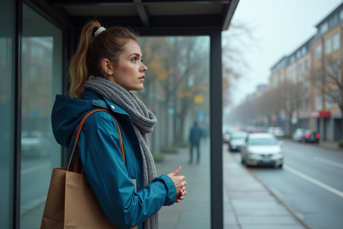 Jeune femme au arrêt de bus avec sac à provisions dans la ville