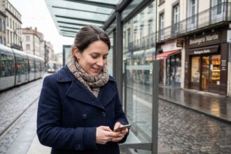 Femme dans un manteau bleu attendant le bus à Clermont