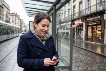 Femme dans un manteau bleu attendant le bus à Clermont