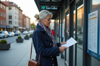 Femme en trench et foulard consulte un horaire de bus à Sarralbe