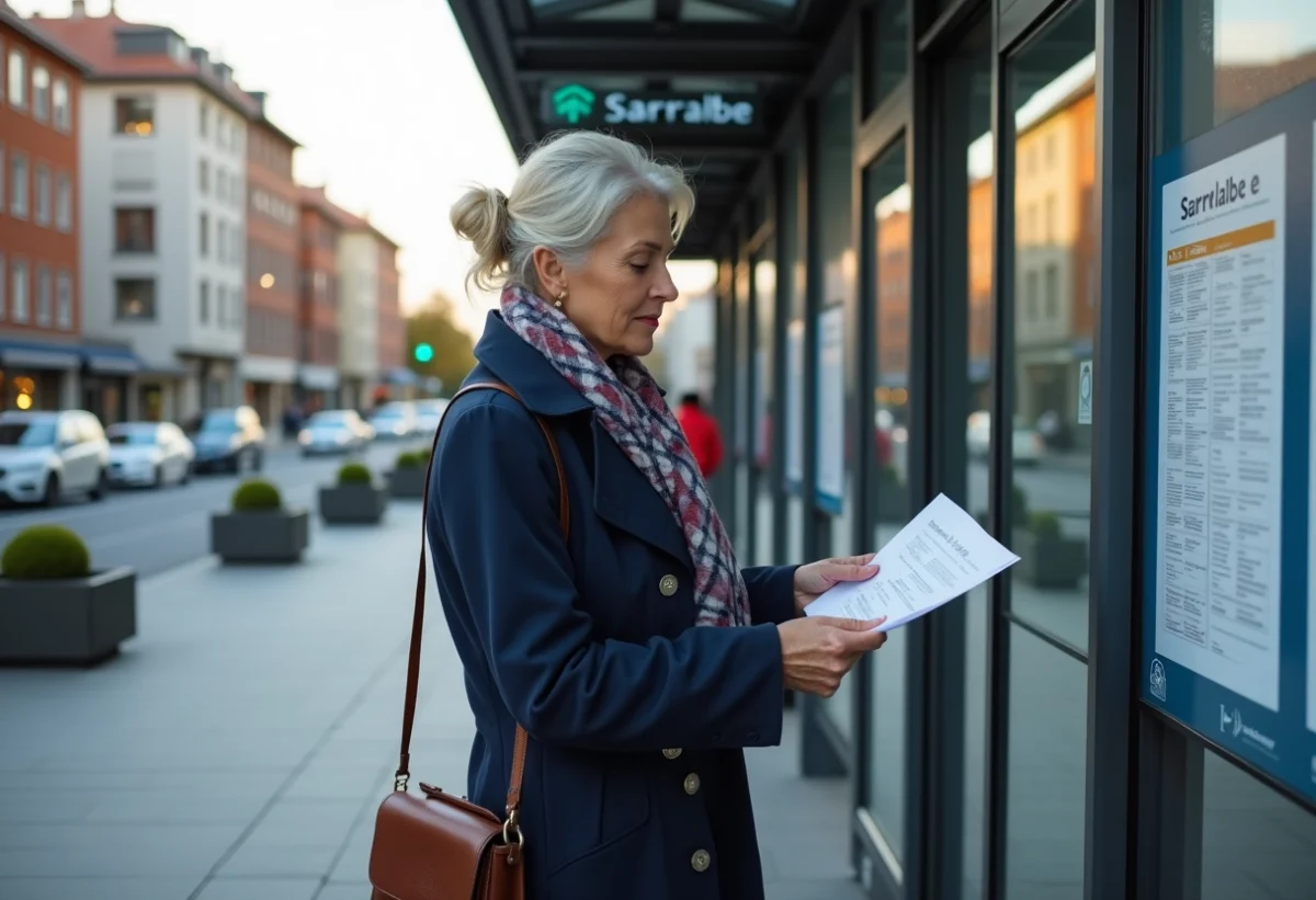 Femme en trench et foulard consulte un horaire de bus à Sarralbe