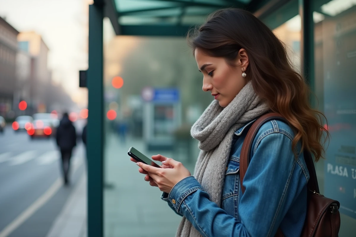 Femme regardant son smartphone à un arrêt de bus en ville