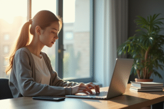 Jeune femme utilisant son ordinateur pour banque en ligne