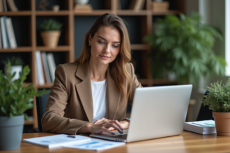 Femme concentrée en bureau avec graphiques financiers