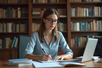 Femme en bureau lisant des notes et tabs ouverts