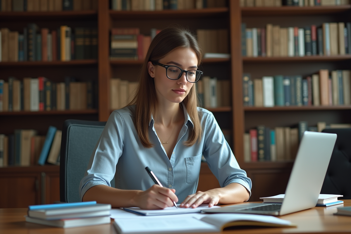 Femme en bureau lisant des notes et tabs ouverts