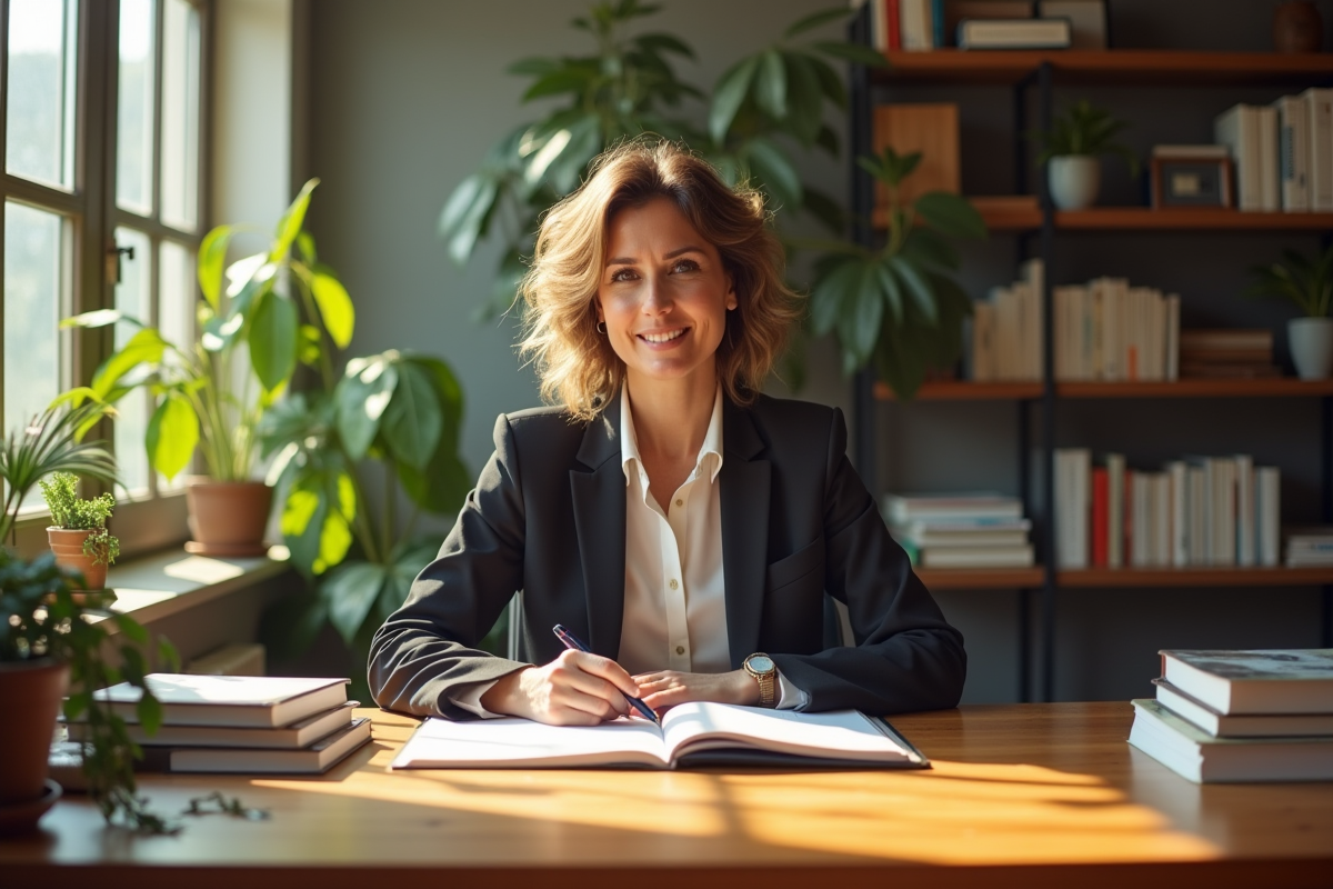 Femme influente dans son bureau avec lumière naturelle chaleureuse
