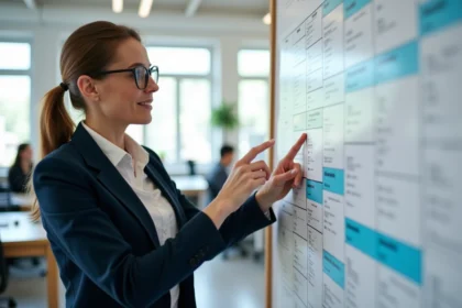Femme professionnelle pointant un calendrier de semaines paires et impaires 2026 dans un bureau moderne