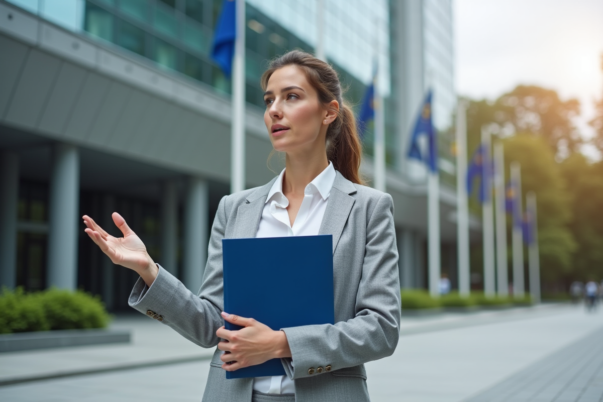 Jeune femme expliquant la politique monétaire devant la BCE