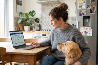 Femme avec chien regardant un ordinateur pour assurance