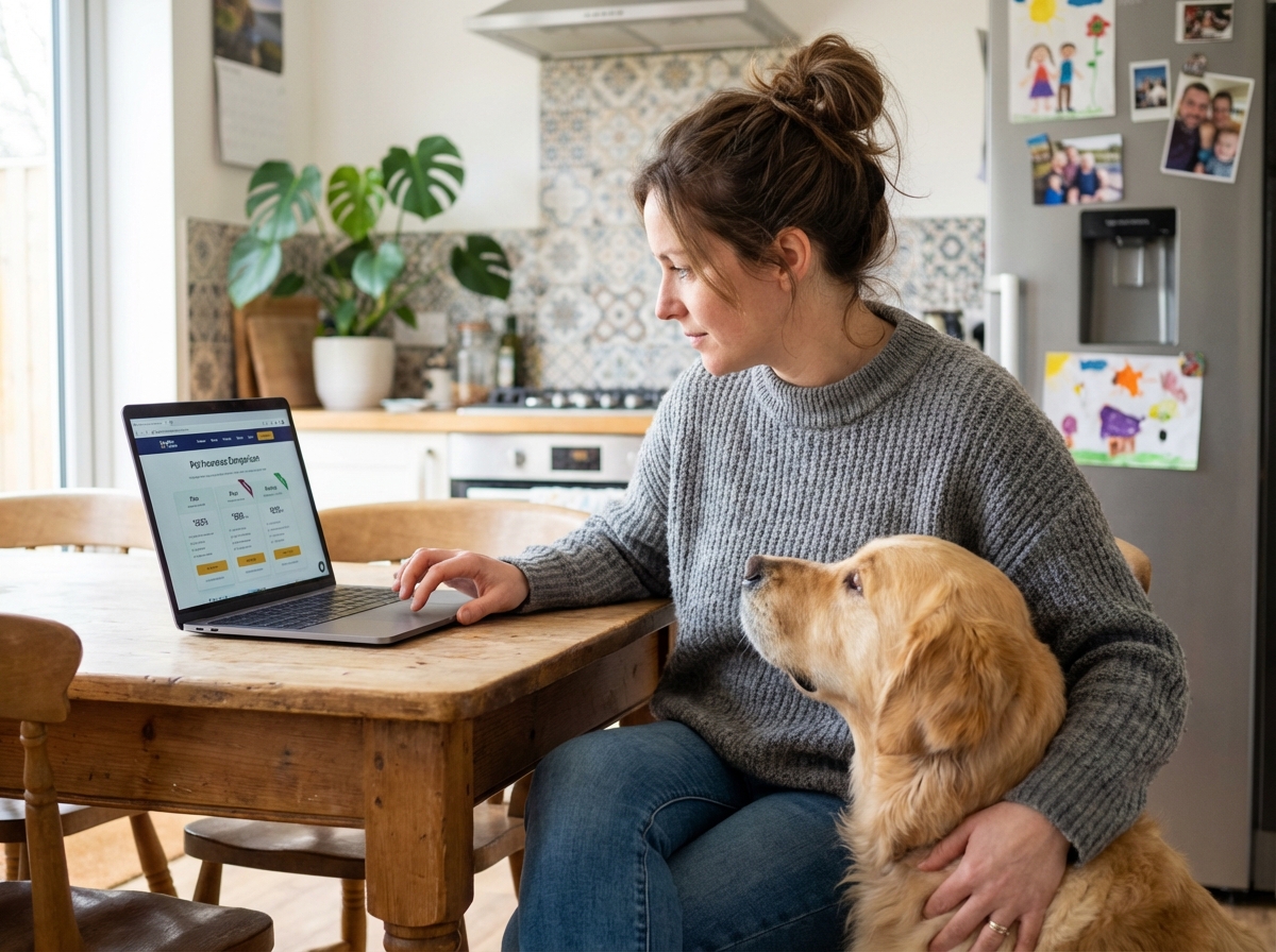 Femme avec chien regardant un ordinateur pour assurance
