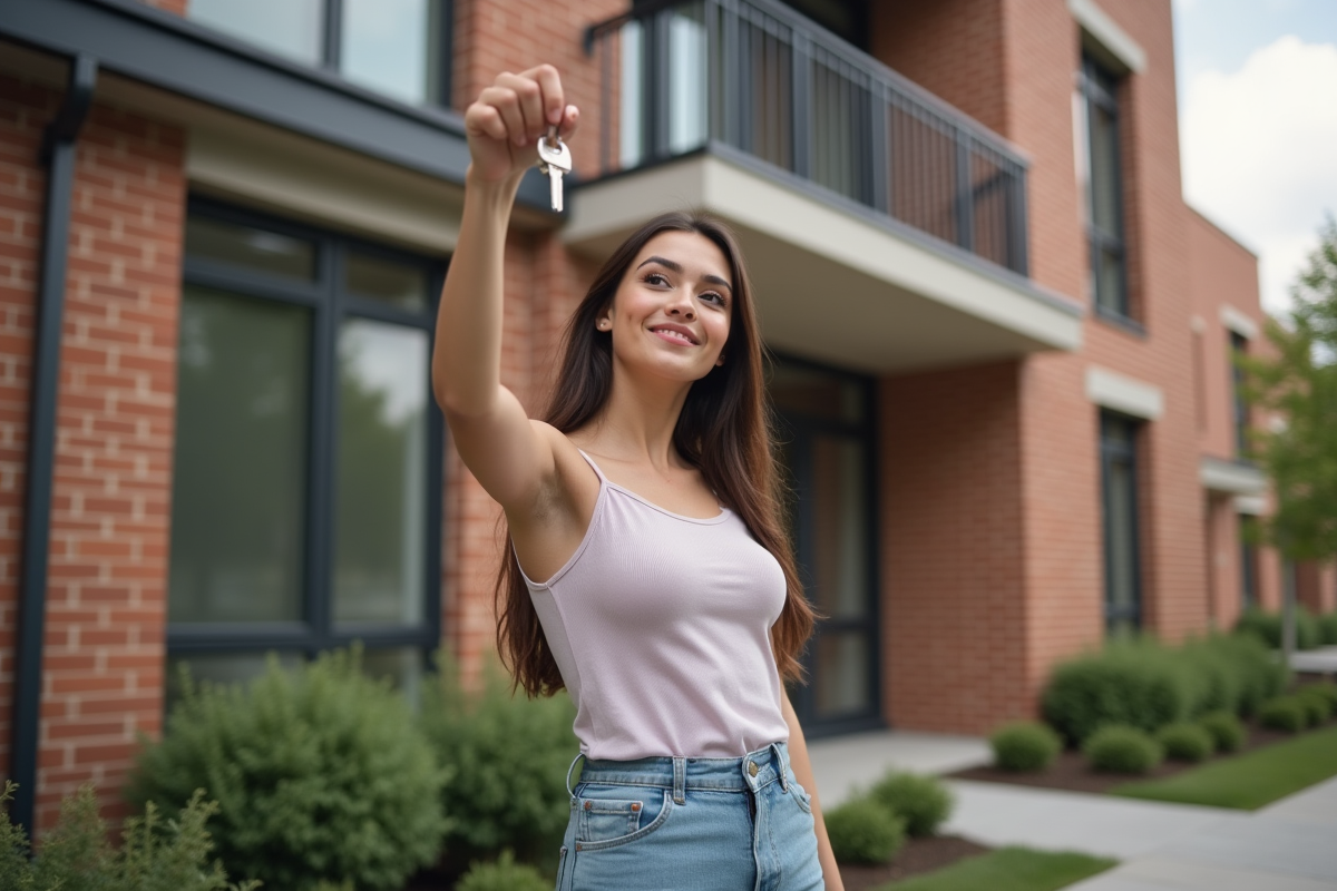 Jeune femme tenant une clé devant un immeuble neuf