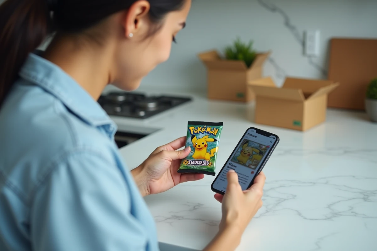 Femme comparant une carte Pokémon physique avec une annonce sur un site de vente en ligne