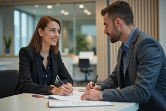 Femme professionnelle discutant taux de mortgage avec conseiller