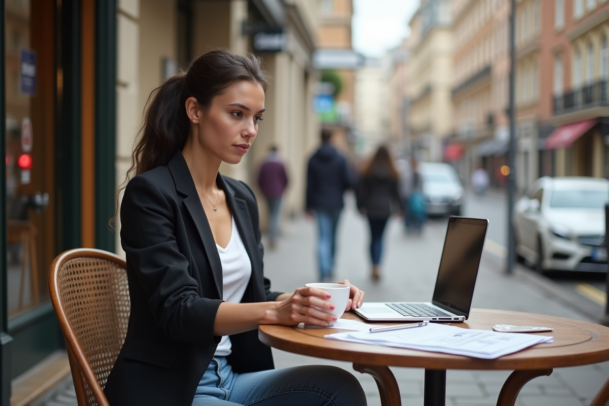 Jeune femme consulte des annonces immobilières dans un café urbain