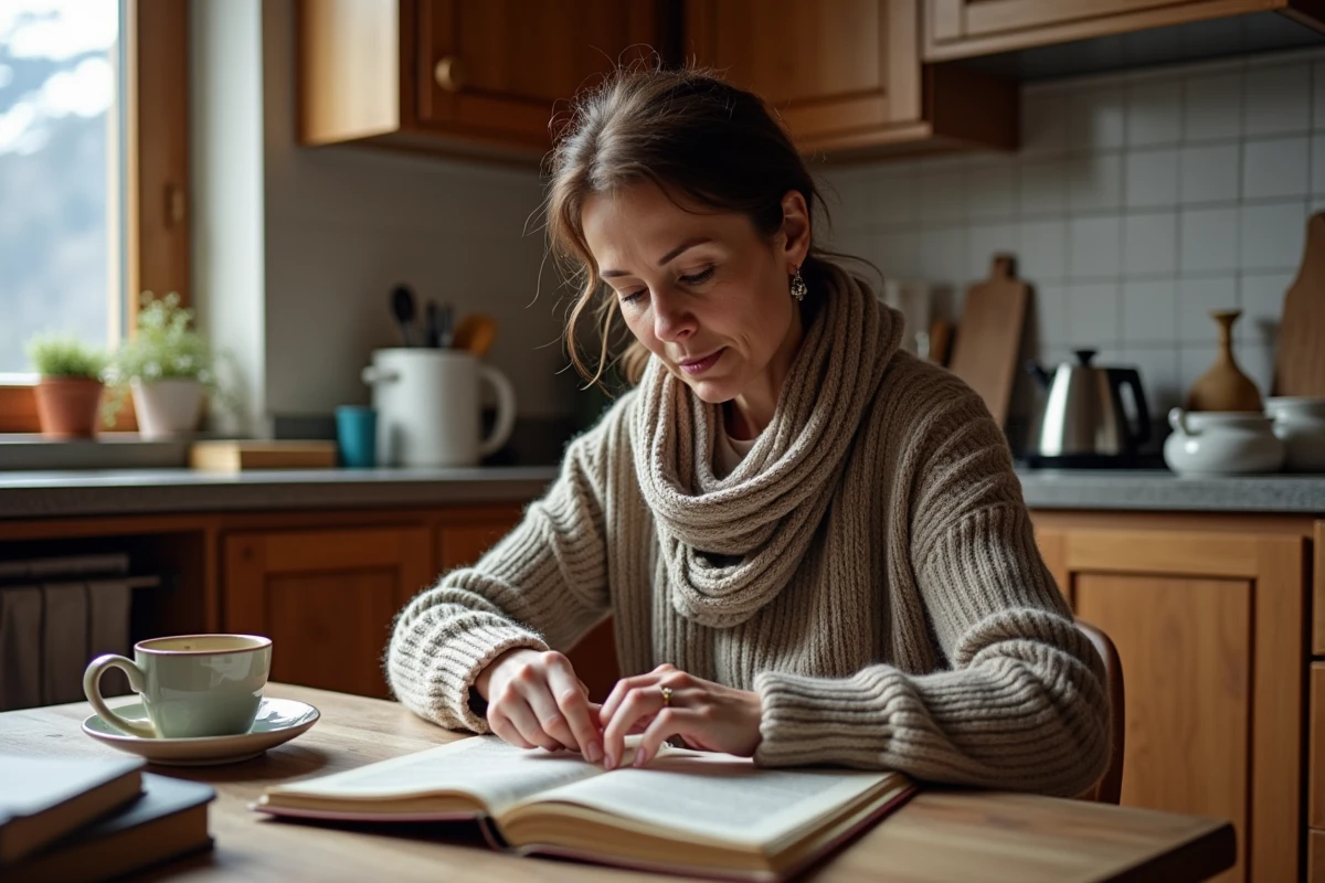 Femme méditant sur une croix suisse dans une cuisine chaleureuse