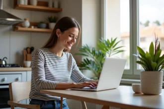 Jeune femme souriante lisant les nouvelles corses sur son ordinateur