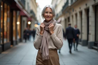 Femme élégante en ville ajustant son foulard en soie