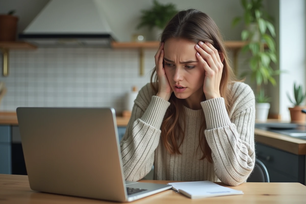 Femme frustrée avec ordinateur dans une cuisine moderne