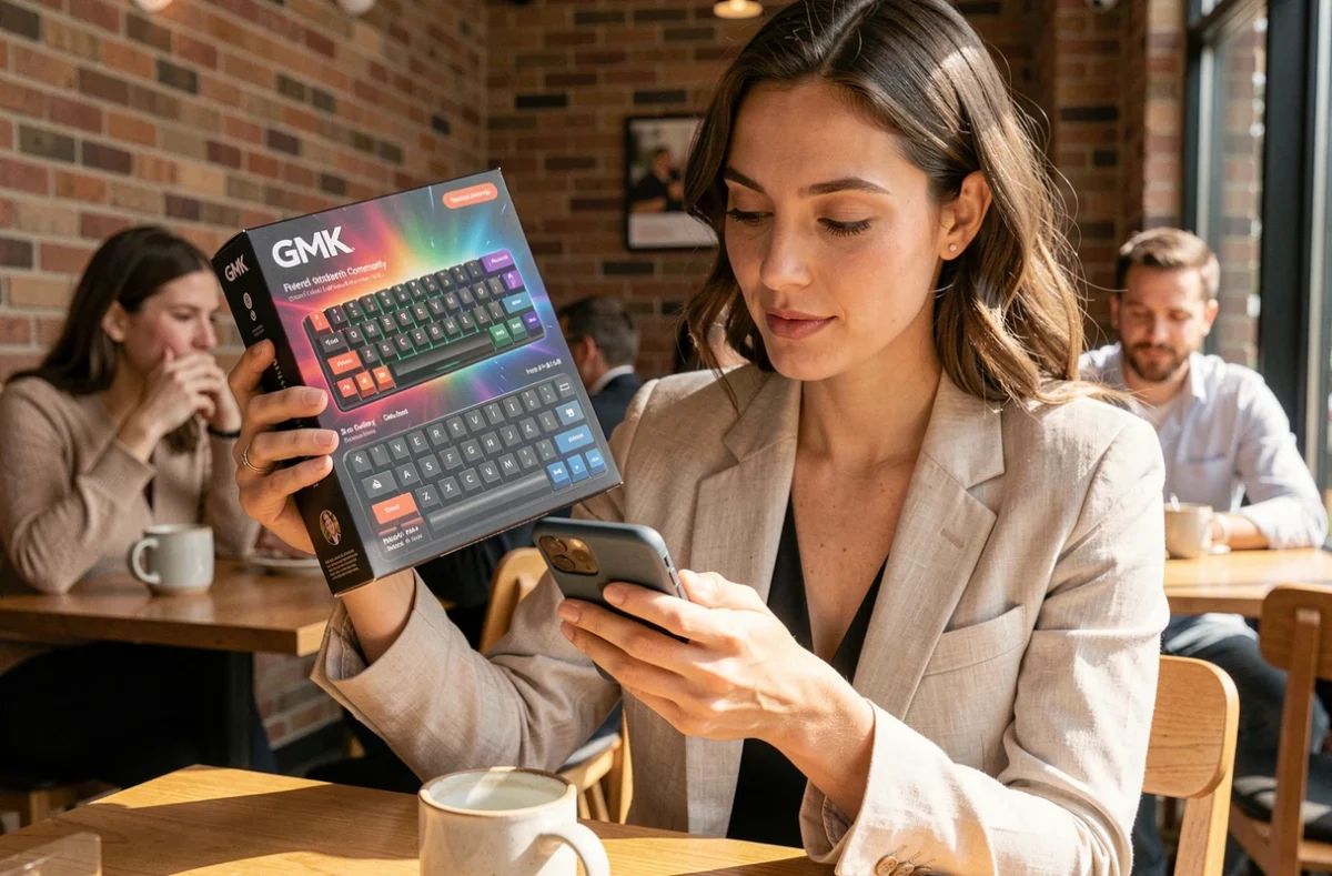 Femme tenant une boîte de touches GMK dans un café branché tout en consultant son téléphone sur une communauté de claviers mécaniques en ligne