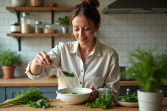 Femme saupoudrant des herbes fraîches sur une soupe crémeuse