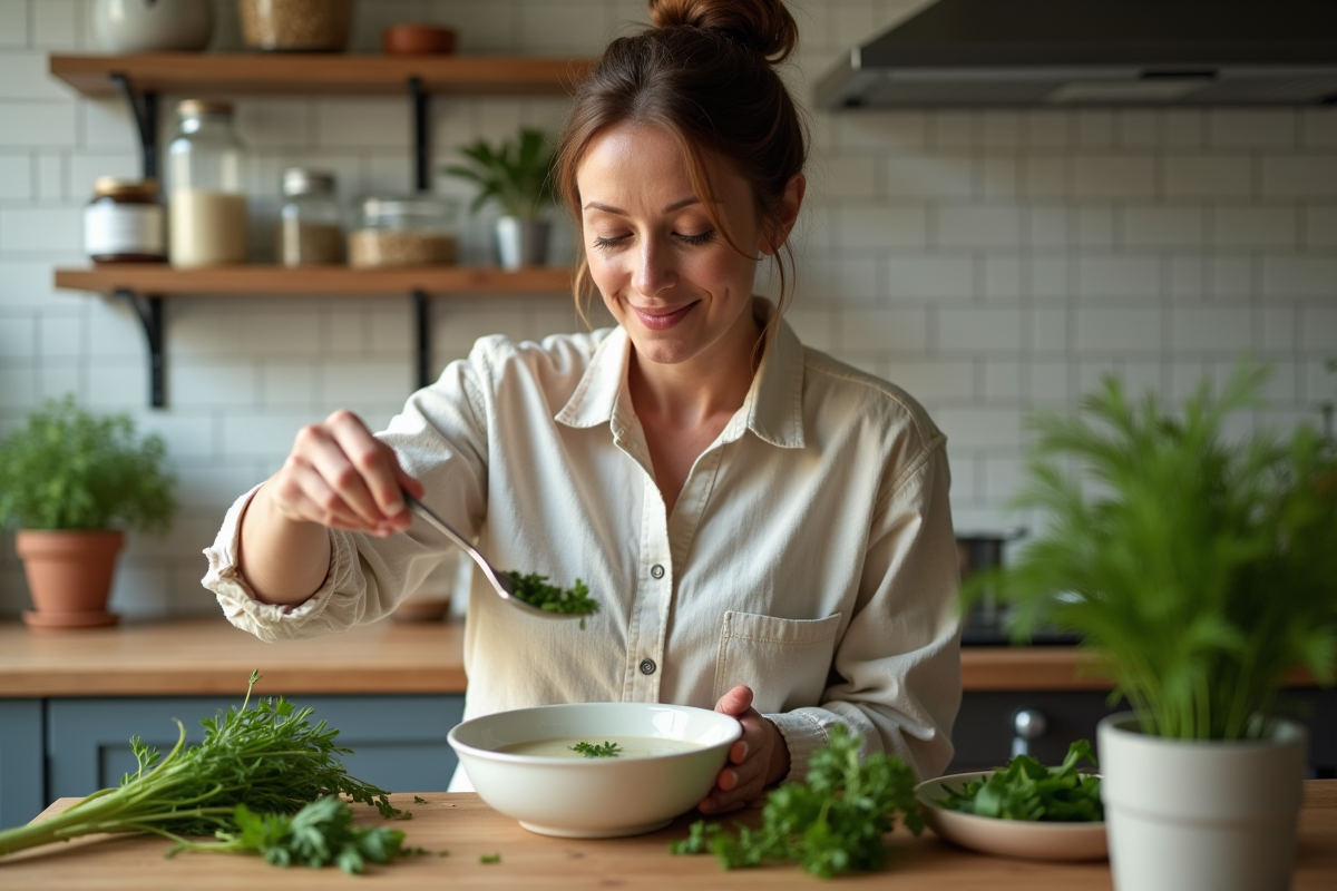 Femme saupoudrant des herbes fraîches sur une soupe crémeuse