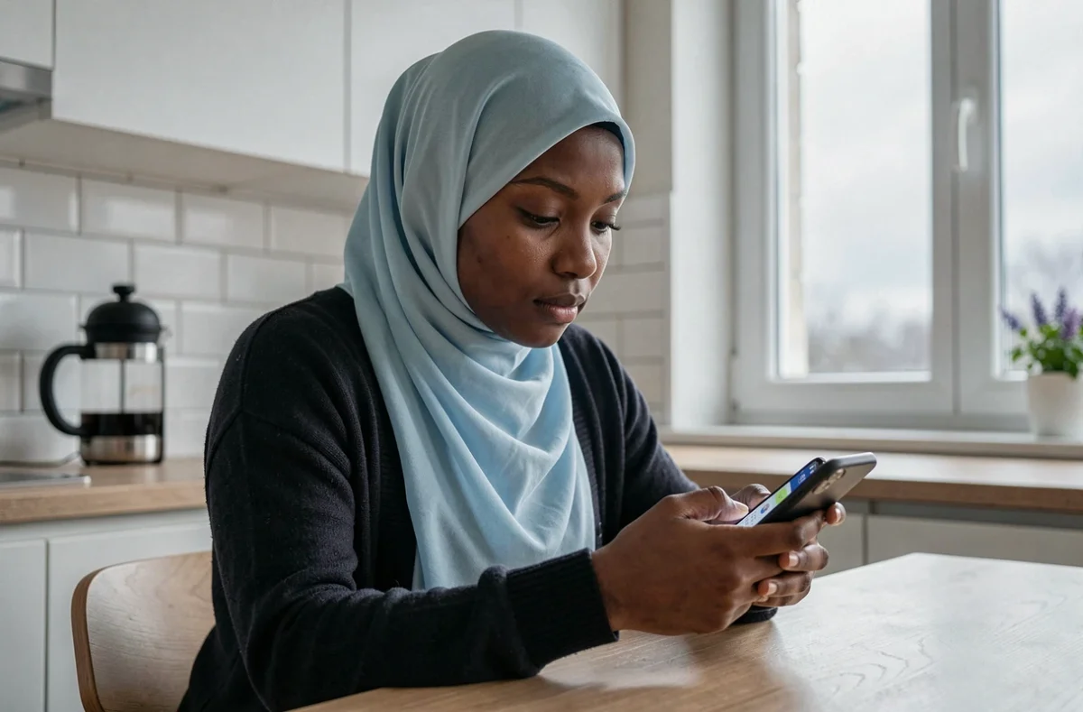 Jeune femme musulmane consultant les horaires de prière sur son téléphone dans une cuisine moderne à Douai