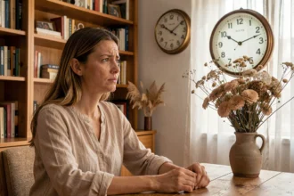 Femme pensive regardant une horloge analogique affichant 16h16 dans un bureau cosy, illustrant l'heure miroir et ses interprétations