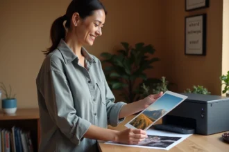 Femme examinant une photo imprimée à domicile avec une imprimante photo professionnelle sur un bureau en bois