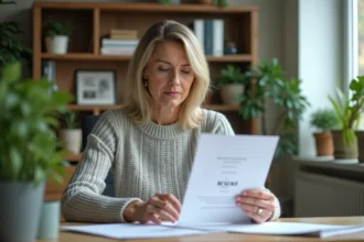 Femme d'affaires examinant un plan ISR dans un bureau lumineux